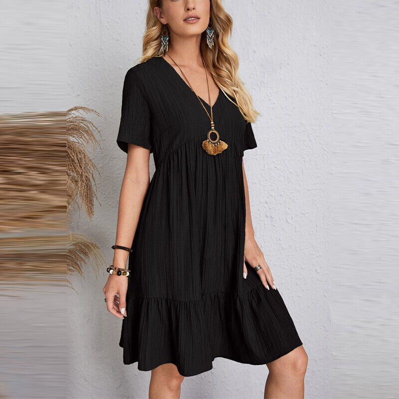 Robianne | Robe Mini Boho d'Été à Manches Courtes et Décolleté en V