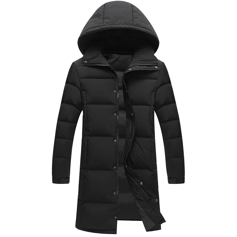 Damien | Manteau d'hiver long noir pour homme, rembourré et imperméable avec capuche et poches latérales