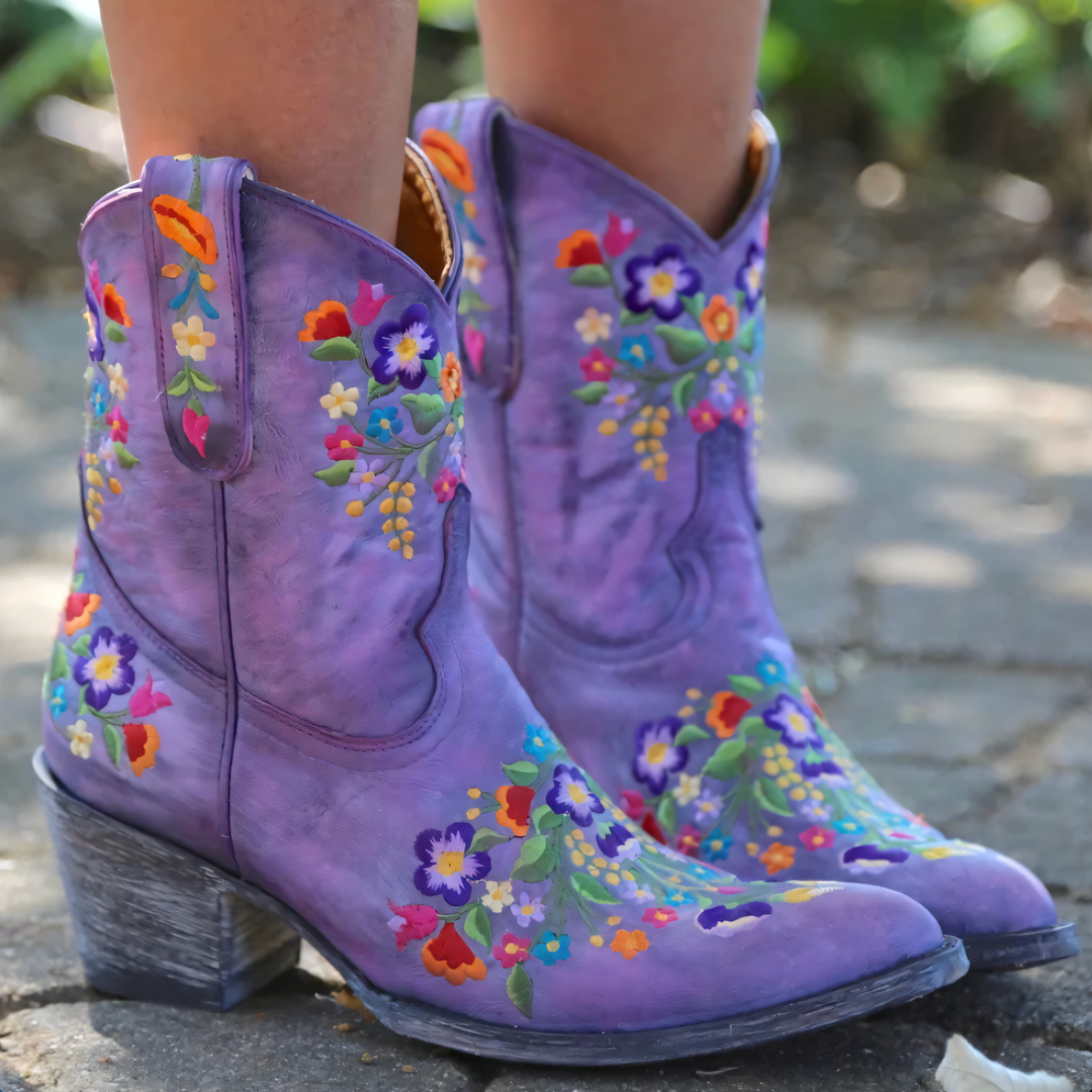 Amorette | Bottes Cowboy à Talon Bloc Motif Fleuri – Élégance et Durabilité