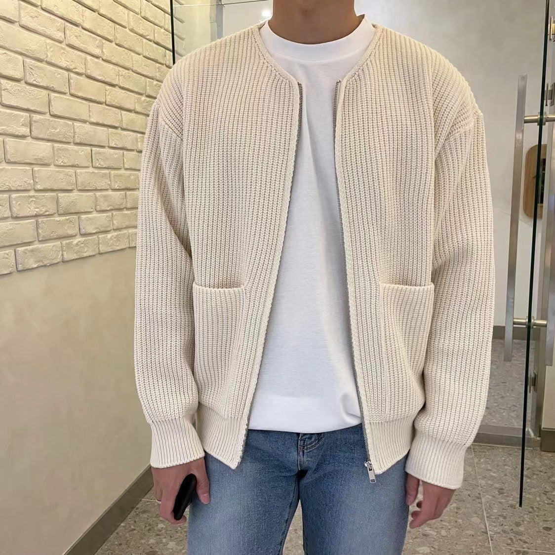 Sébastien | Cardigan en tricot zippé pour homme, couleur unie avec grandes poches latérales