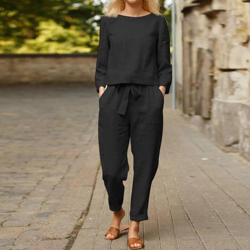 Orianne | Ensemble Femme 100 % Coton – Blouse Manches Longues & Pantalon Taille Haute – Élégant & Confortable