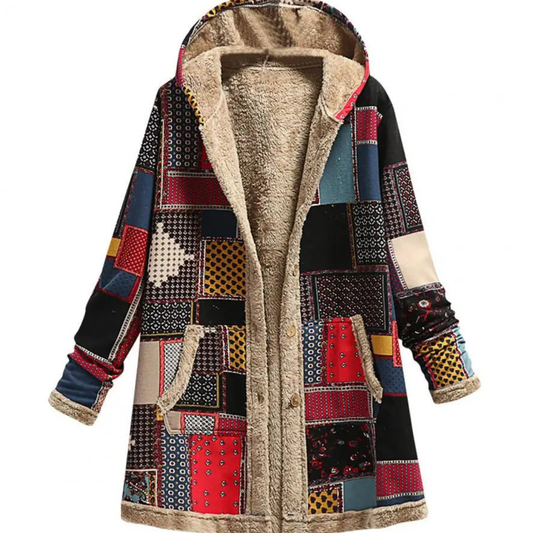 Edelheid | Manteau Vintage à Capuche Patchwork Coloré Doublé en Polaire pour Femme