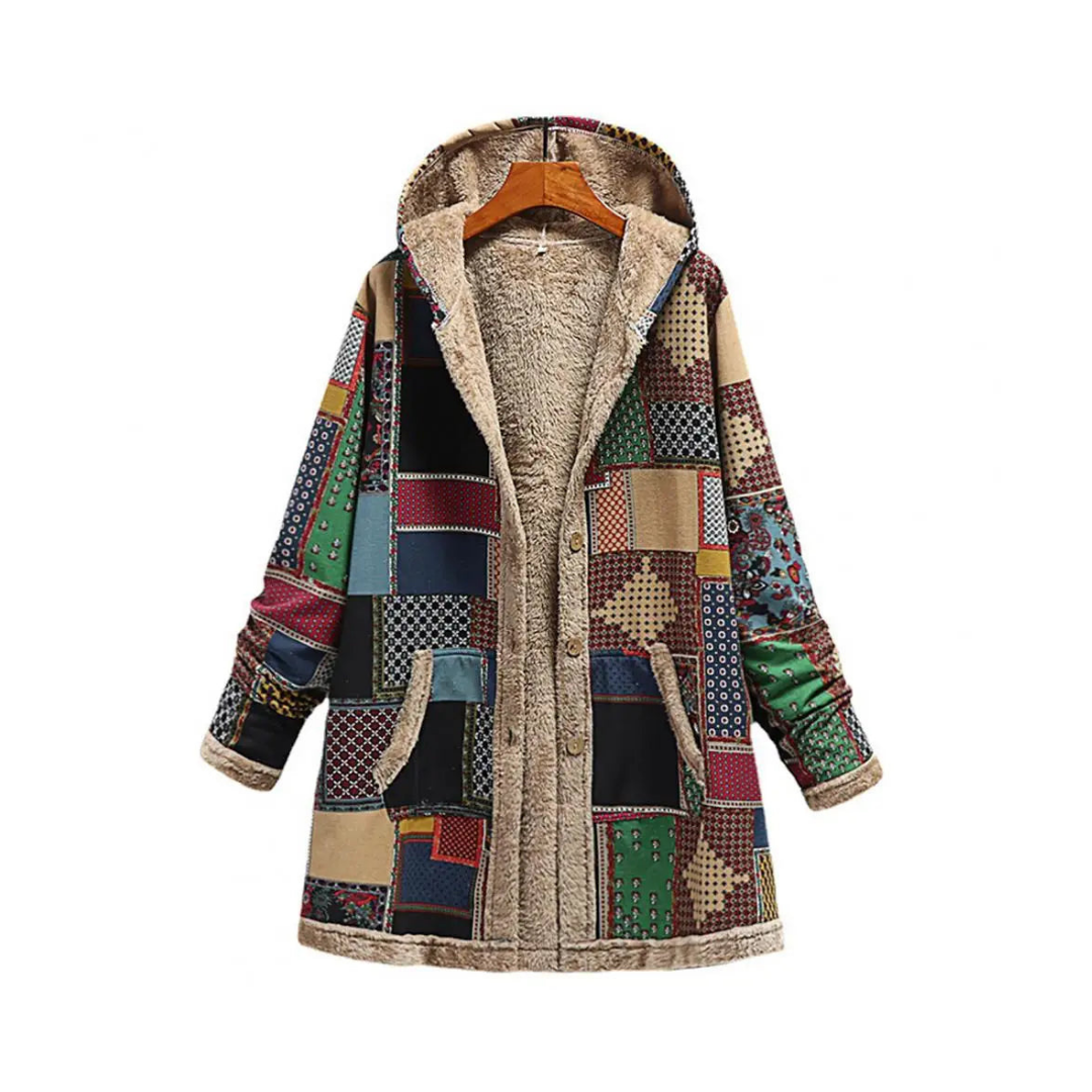 Edelheid | Manteau Vintage à Capuche Patchwork Coloré Doublé en Polaire pour Femme