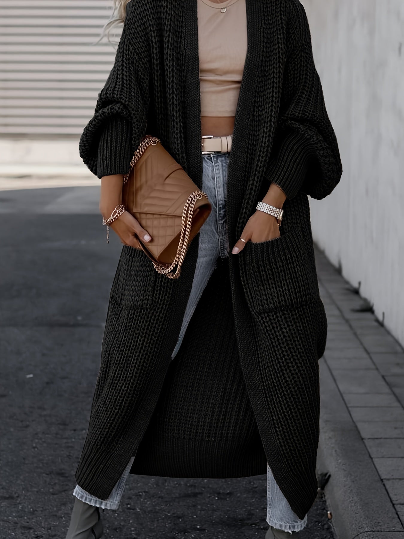 Bernadine | Cardigan Long Ouvert en Tricot avec Poches pour Femme