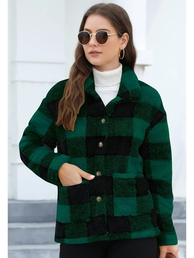 Rafaëlla | Manteau Plaid en Tissu Teddy Doux, Col Rabattu et Poches Pratiques