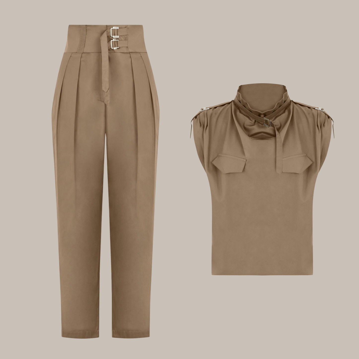 Ursinia | Ensemble Tunique à Col Montant et Pantalon Taille Haute avec Ceinture à Boucles pour Femme