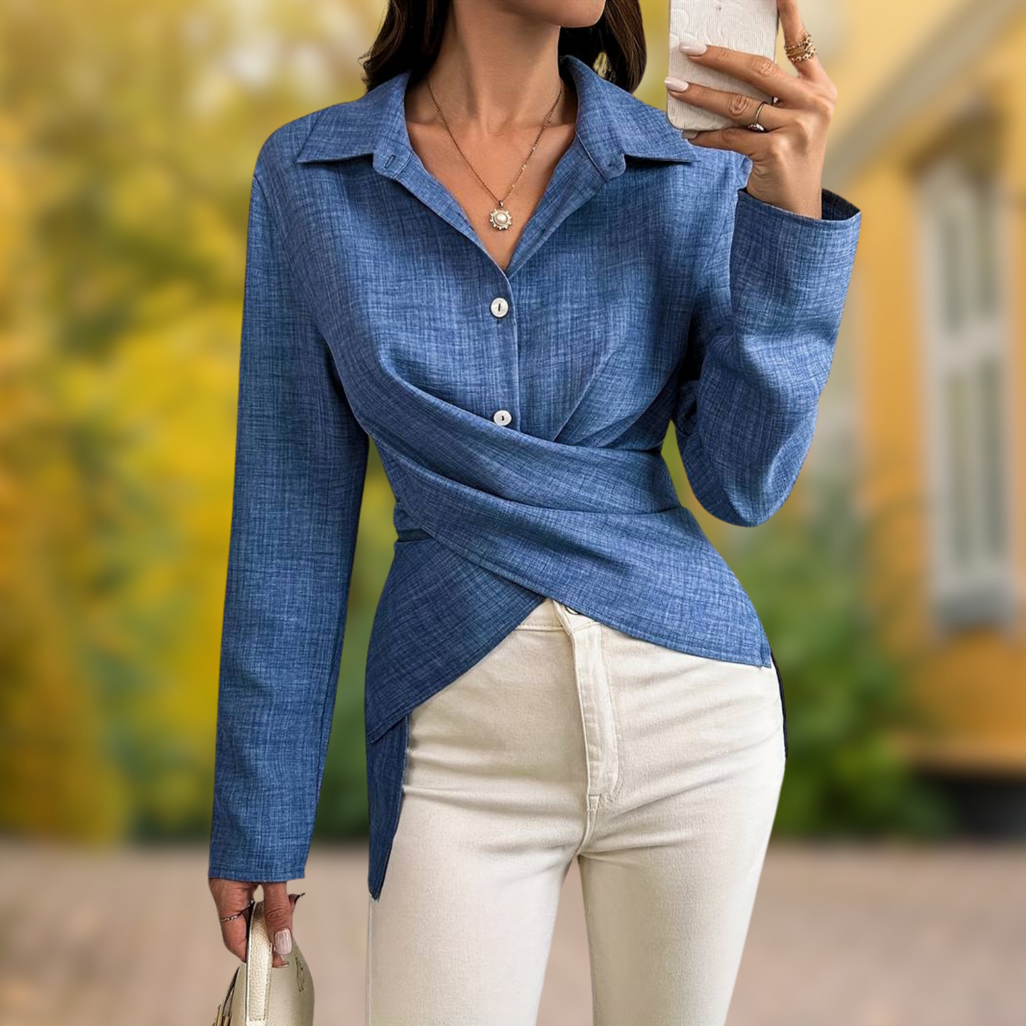 Soppie | Blouse bleue à col rabattu et boutons – Élégance torsadée