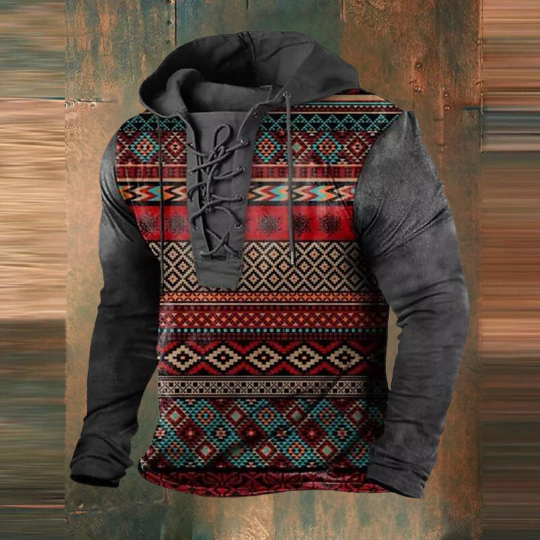 Clovis | Sweat à Capuche Vintage à Cordon et Col à Nouer avec Imprimé Tribal pour Homme