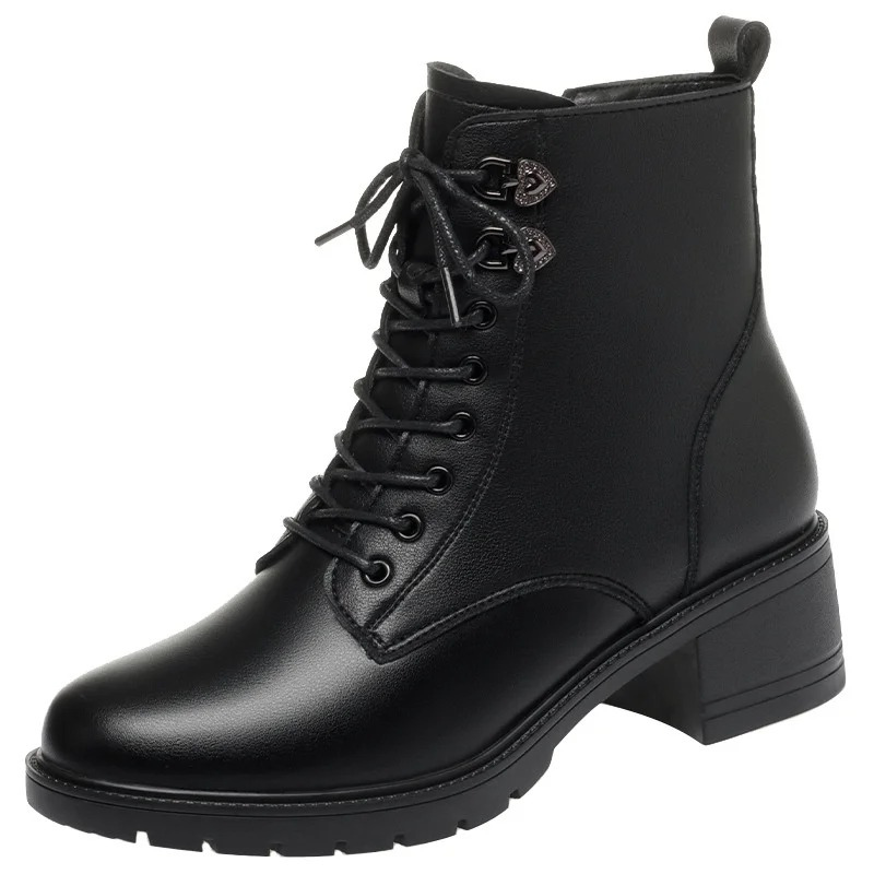 Héphesta | Bottines pour femme à lacets, fermeture éclair latérale, talon bloc, doublure en polaire - Noir