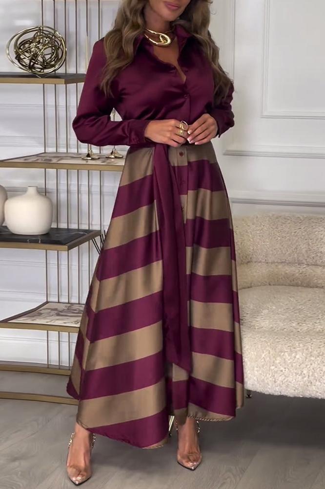 Véra | Robe Maxi Femme à Col en V Boutonnée à Manches Longues, Rayée avec Ceinture Taille Haute