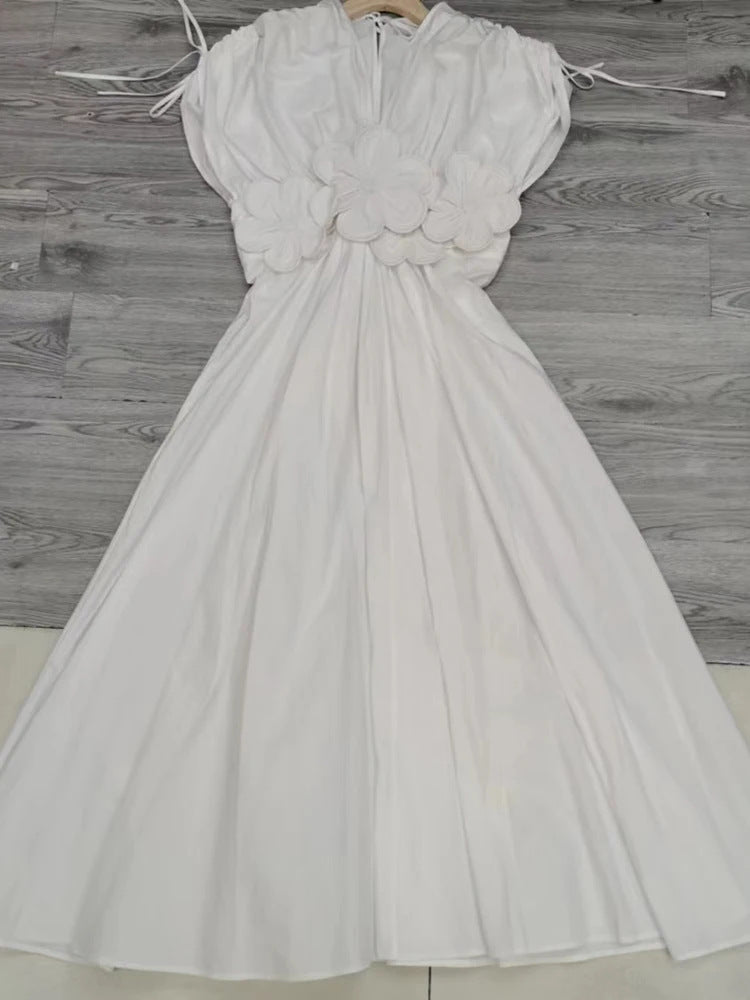 Emilie | Robe Maxi Fleurie Bleu avec Col V et Motifs Floraux en 3D