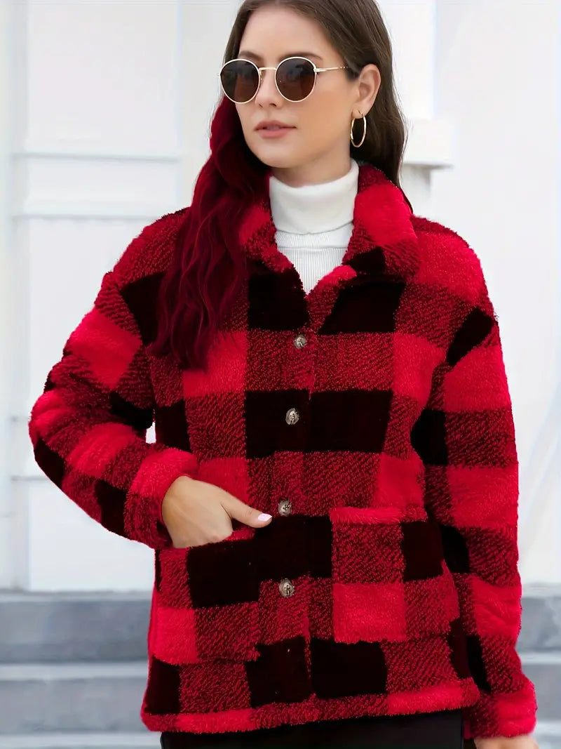 Rafaëlla | Manteau Plaid en Tissu Teddy Doux, Col Rabattu et Poches Pratiques