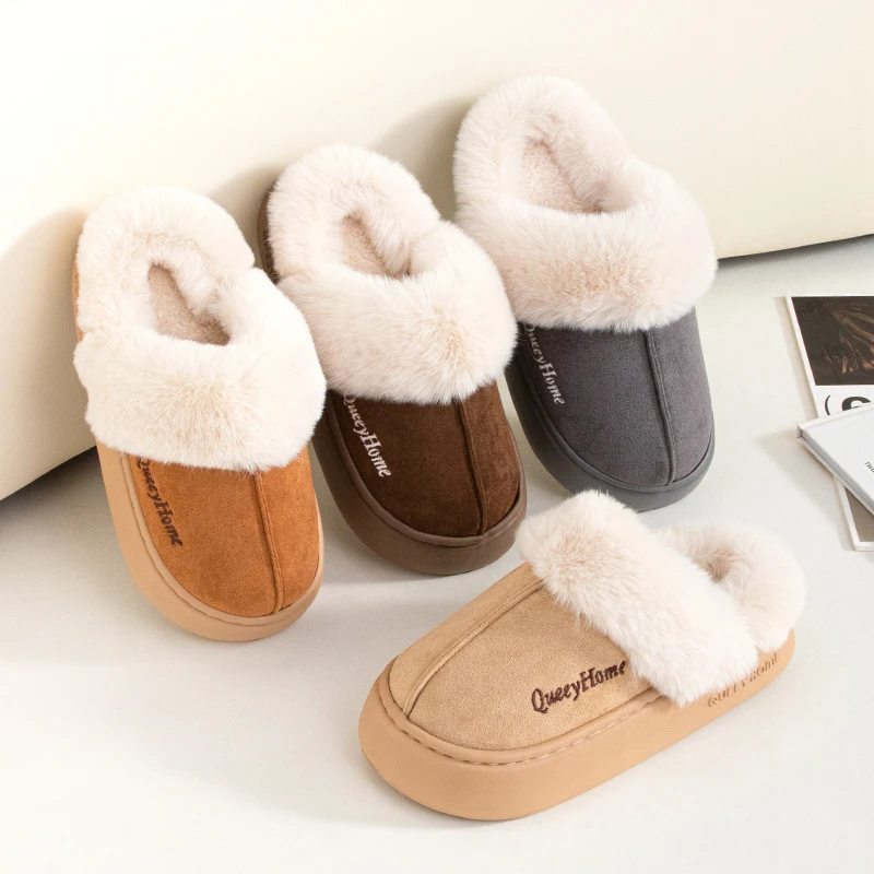 Faustinea | Chaussons d'hiver pour femme, semelle épaisse, doublure en peluche, fermés, avec imprimé "QueenyHome"