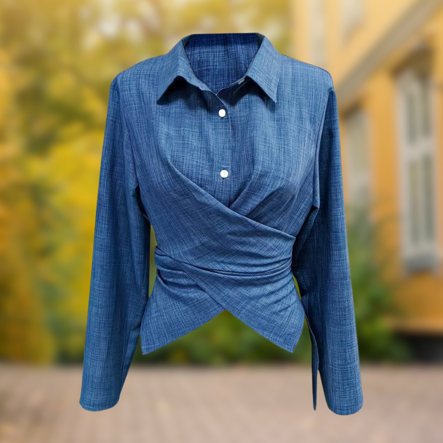 Soppie | Blouse bleue à col rabattu et boutons – Élégance torsadée