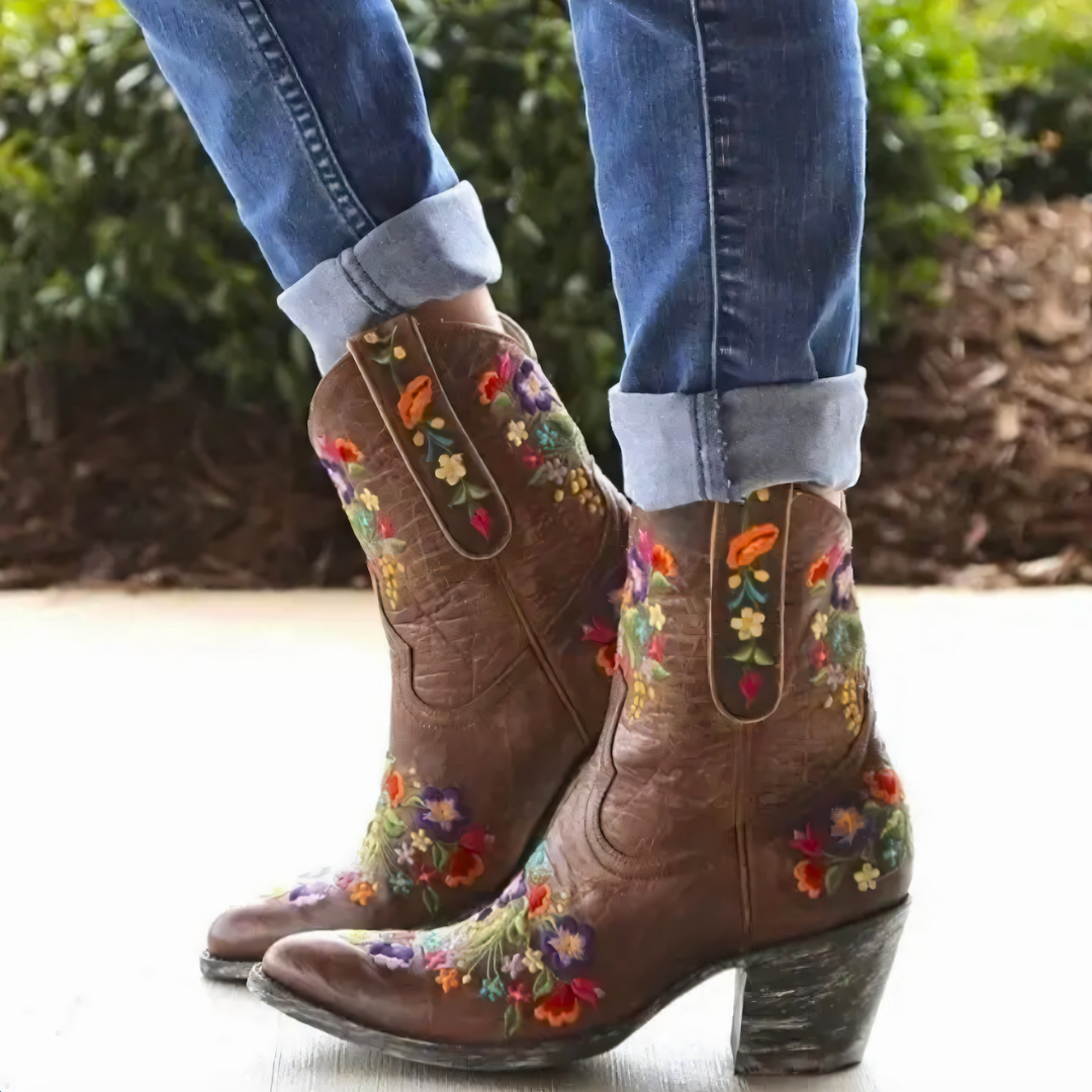 Amorette | Bottes Cowboy à Talon Bloc Motif Fleuri – Élégance et Durabilité