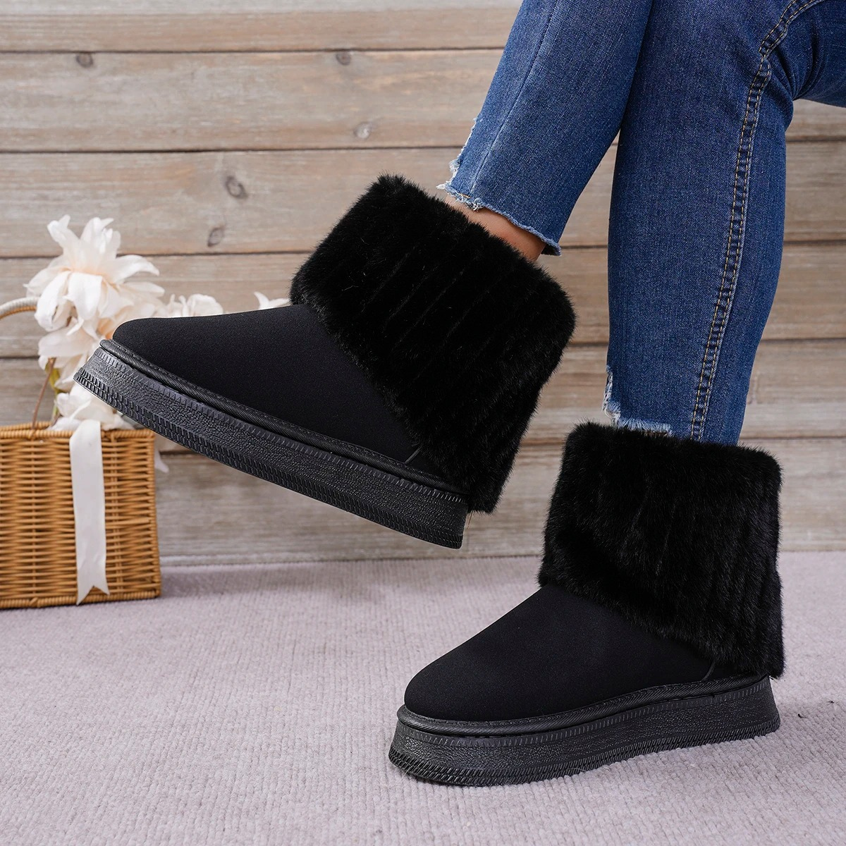 Quelin | Bottines hiver femme en couleur unie, semelle épaisse, détails en fourrure et confort premium