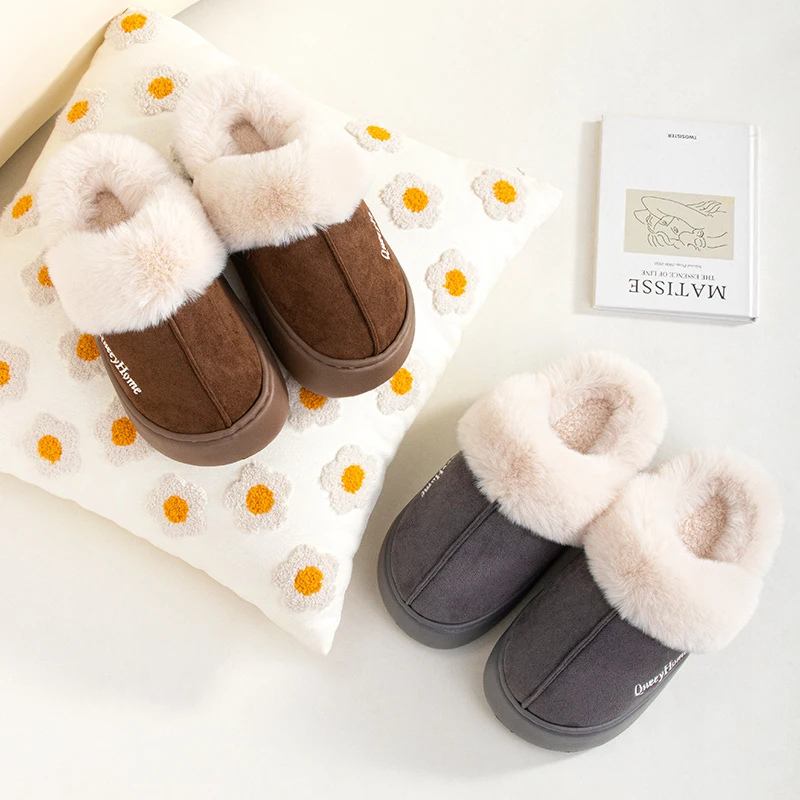 Faustinea | Chaussons d'hiver pour femme, semelle épaisse, doublure en peluche, fermés, avec imprimé "QueenyHome"