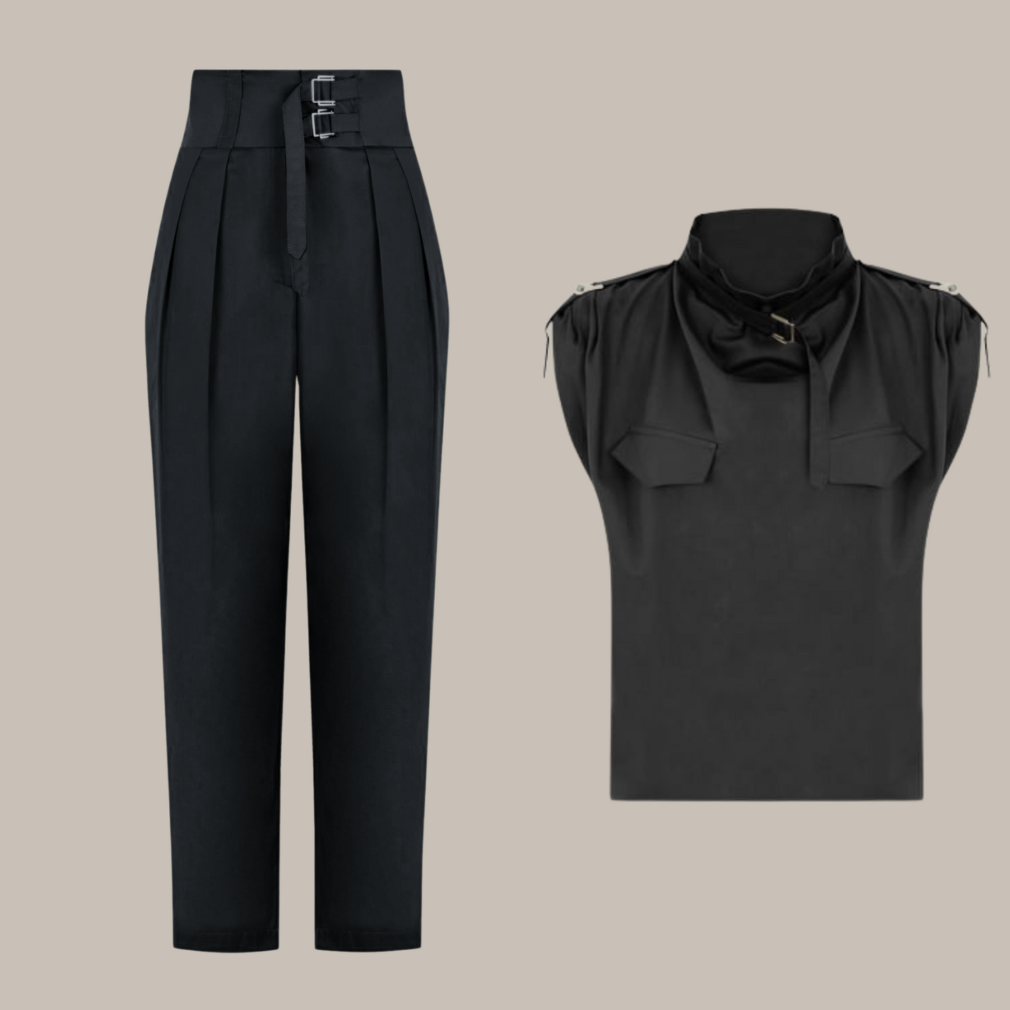 Ursinia | Ensemble Tunique à Col Montant et Pantalon Taille Haute avec Ceinture à Boucles pour Femme