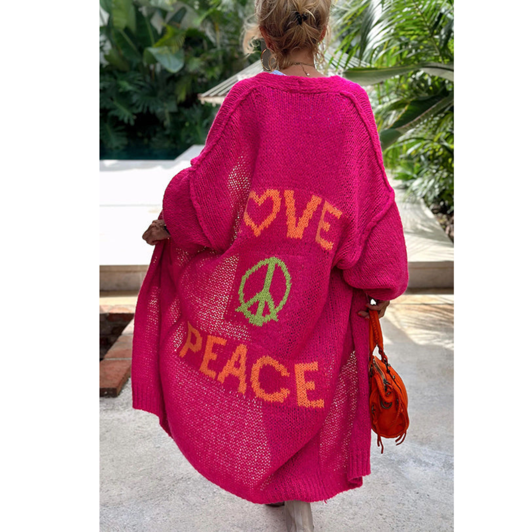 Peacy | Long cardigan tricoté pour femme avec imprimé Love & Peace