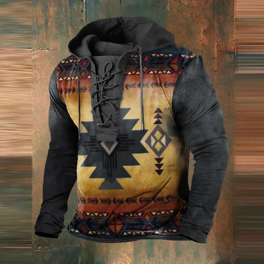 Clovis | Sweat à Capuche Vintage à Cordon et Col à Nouer avec Imprimé Tribal pour Homme