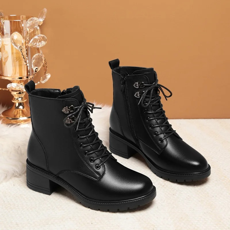 Héphesta | Bottines pour femme à lacets, fermeture éclair latérale, talon bloc, doublure en polaire - Noir