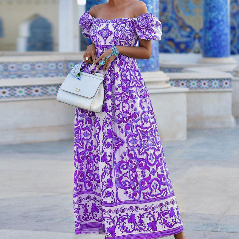 Doralie | Robe Maxi Boho à Épaules Dénudées et Manches Bouffantes Imprimé Bohème