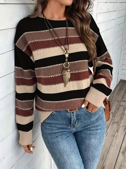 Waleine | Pull Femme à Col Rond en Tricot avec Rayures Multicolores, Confortable et Élégant