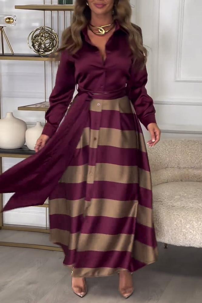 Véra | Robe Maxi Femme à Col en V Boutonnée à Manches Longues, Rayée avec Ceinture Taille Haute