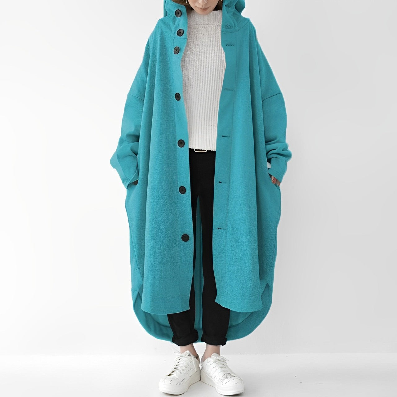 Julina | Trench Coat Long à Capuche, Boutonné, Coupe Légèrement Ample et Doux pour Femme