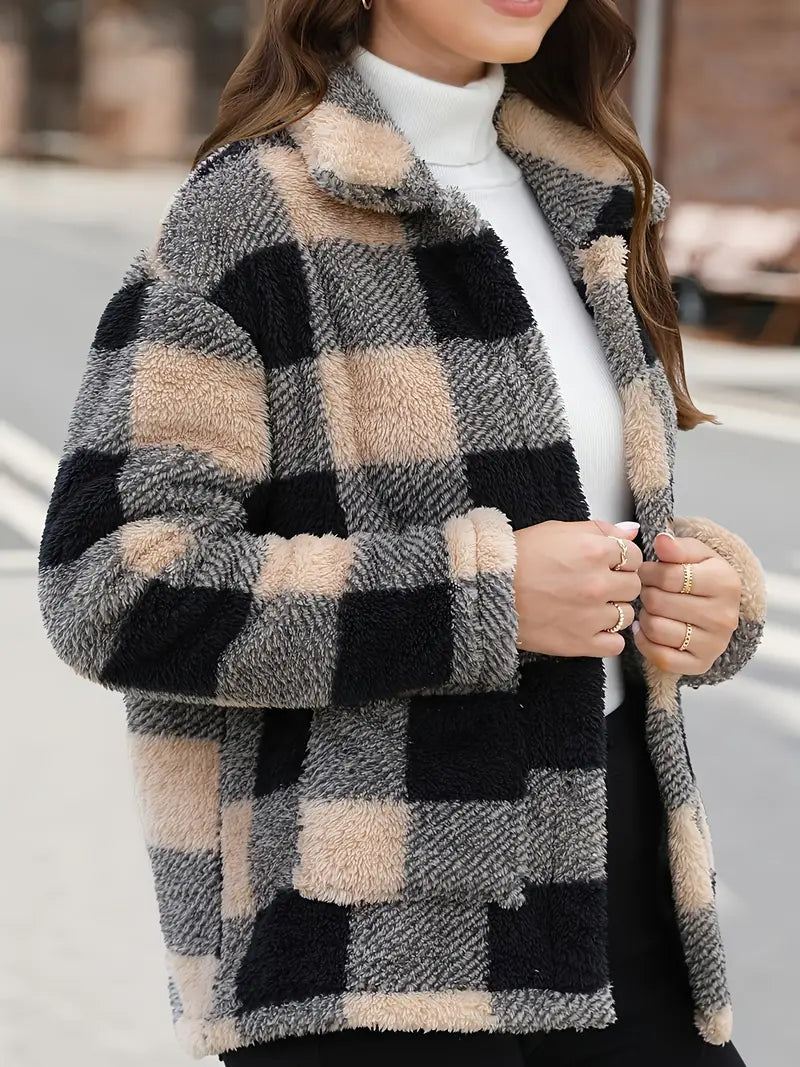 Rafaëlla | Manteau Plaid en Tissu Teddy Doux, Col Rabattu et Poches Pratiques