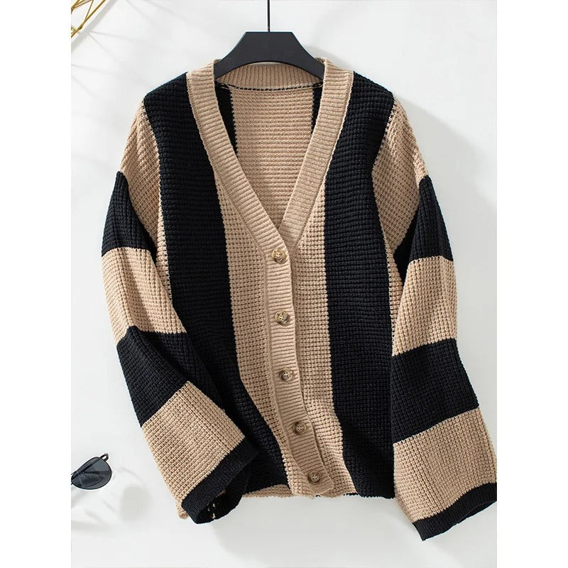 Daëris | Cardigan Tricoté Oversized à Rayures Bicolores et Col V Boutonné