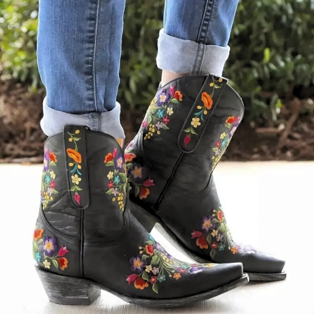 Amorette | Bottes Cowboy à Talon Bloc Motif Fleuri – Élégance et Durabilité