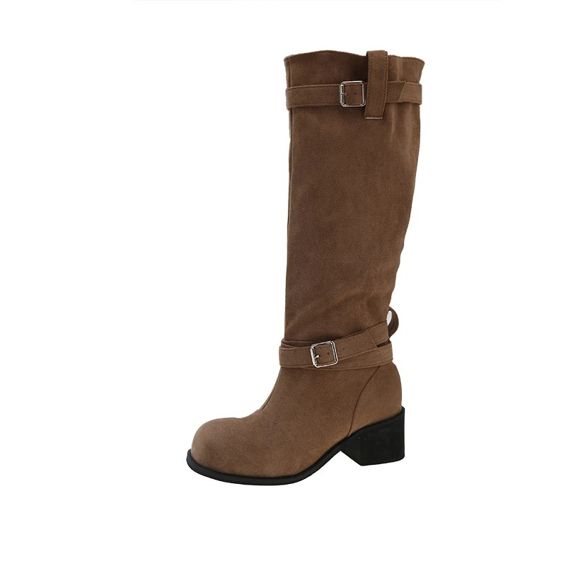 Marphise | Bottes hautes femme en daim marron, talon bloc, sangles avec boucle élégante