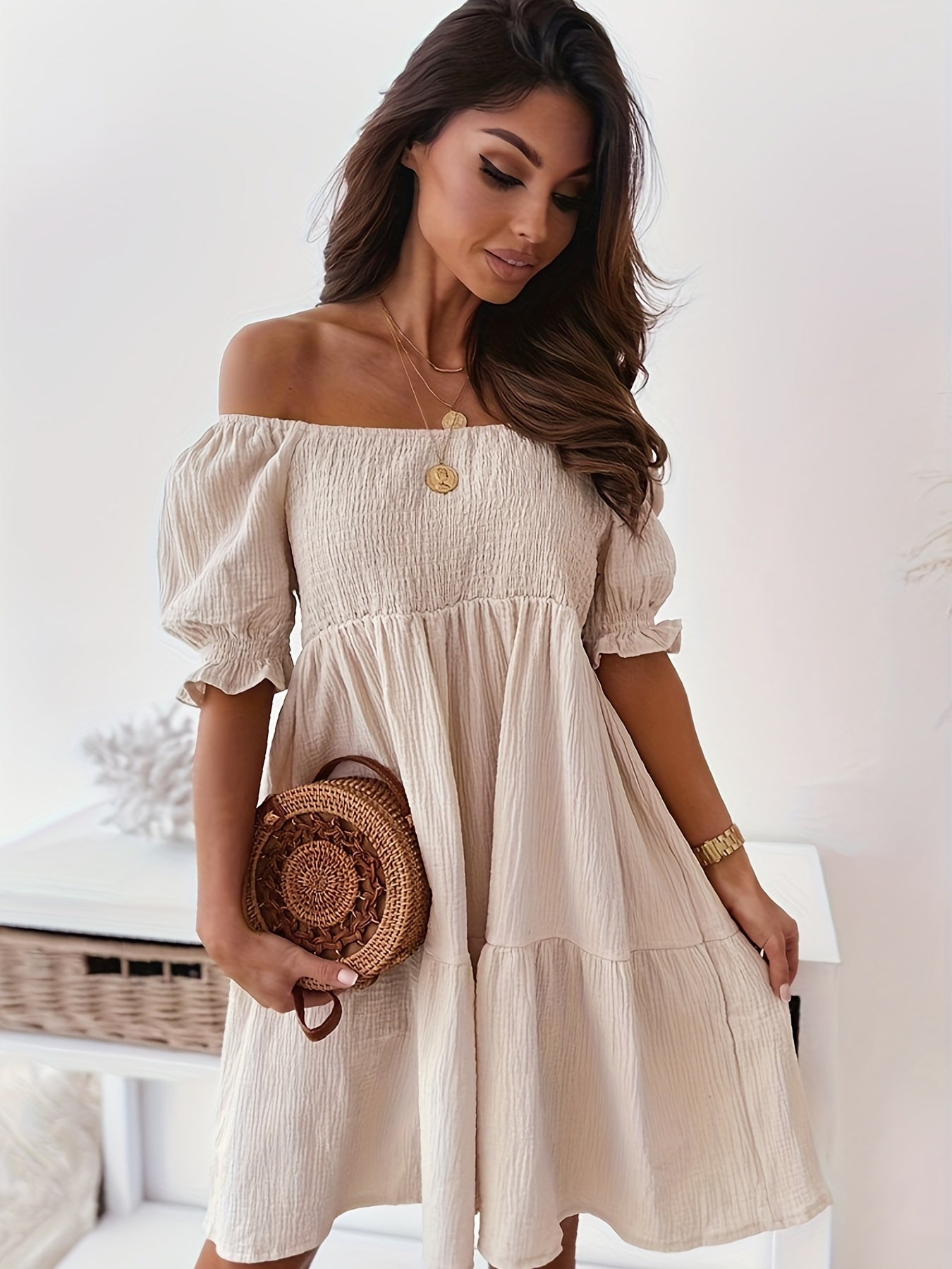 Lirienne | Robe d'Été Mini Boho Sans Épaules en Couleur Unie