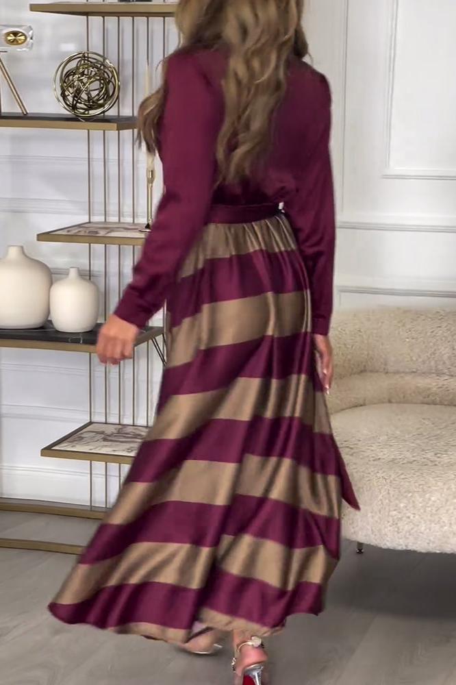 Véra | Robe Maxi Femme à Col en V Boutonnée à Manches Longues, Rayée avec Ceinture Taille Haute