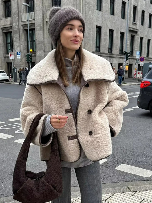 Eustache | Veste Teddy Douillette à Col Revers, Boutonnée et Poches Latérales pour Femme