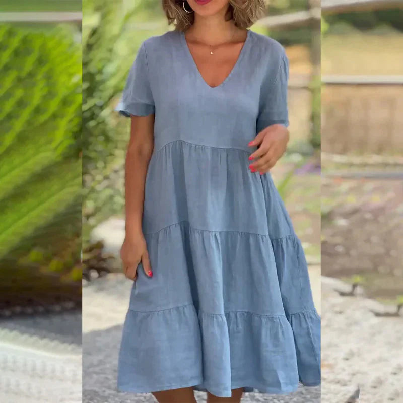 Ysaline | Robe Évasée Femme – Col V Élégant & Coupe Fluide pour l’Été