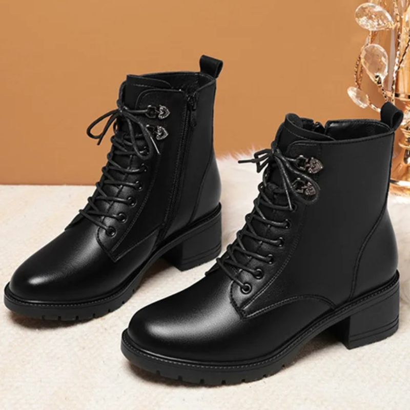 Héphesta | Bottines pour femme à lacets, fermeture éclair latérale, talon bloc, doublure en polaire - Noir