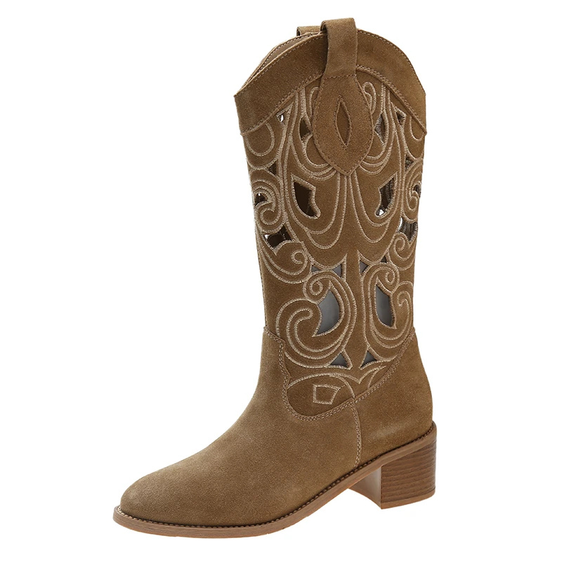 Fleur | Bottes Western en Suède avec Découpes - Style Cowboy pour Femmes