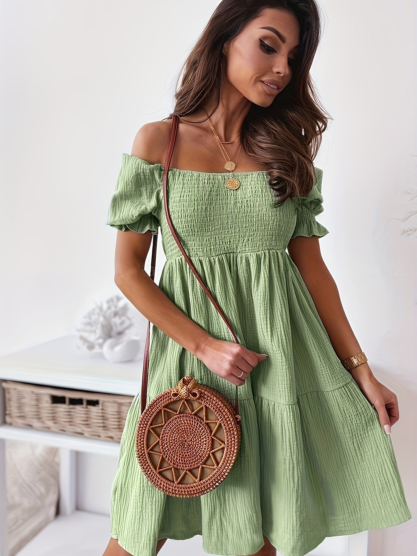 Lirienne | Robe d'Été Mini Boho Sans Épaules en Couleur Unie