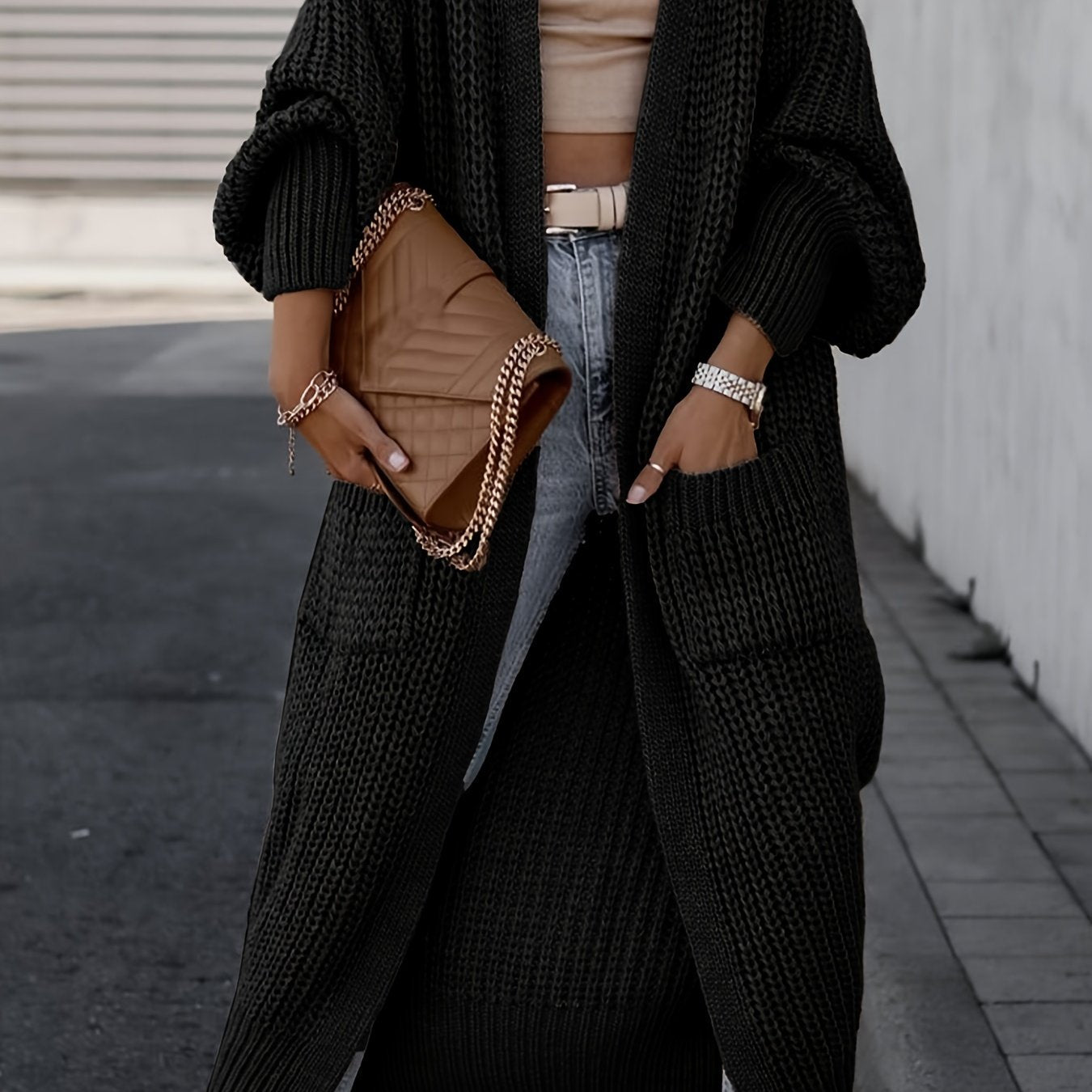 Bernadine | Cardigan Long Ouvert en Tricot avec Poches pour Femme