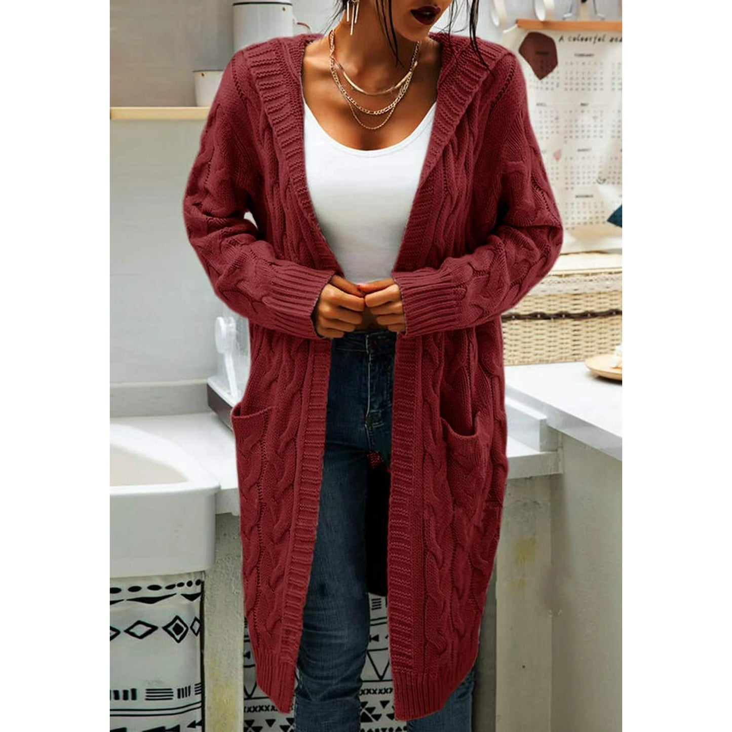 Brenda | Cardigan Long en Grosse Maille avec Motif Torsadé