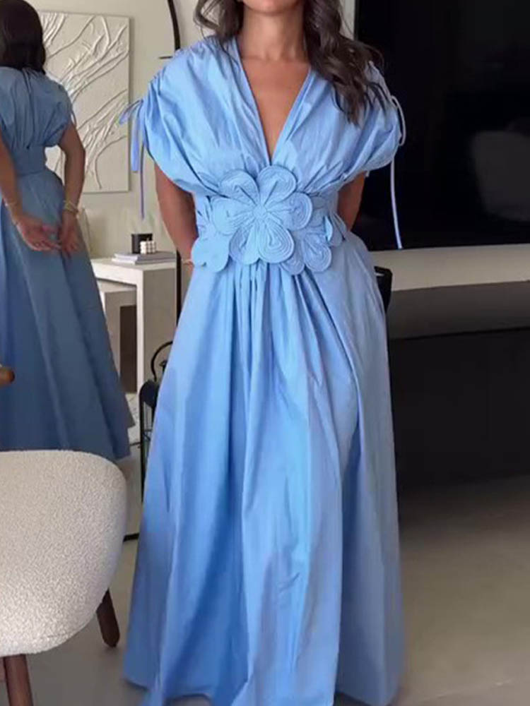 Emilie | Robe Maxi Fleurie Bleu avec Col V et Motifs Floraux en 3D