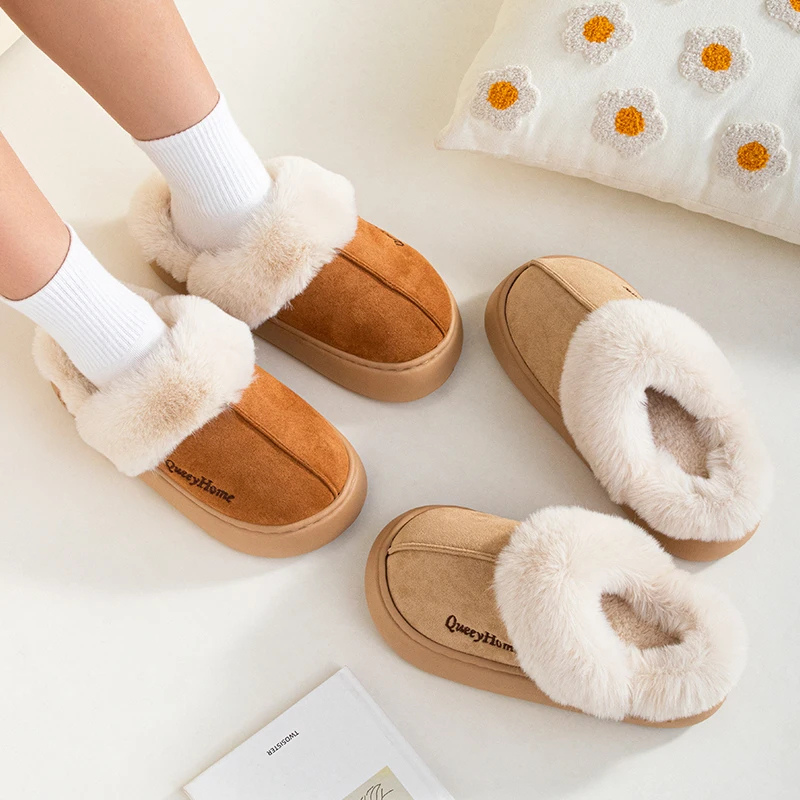 Faustinea | Chaussons d'hiver pour femme, semelle épaisse, doublure en peluche, fermés, avec imprimé "QueenyHome"