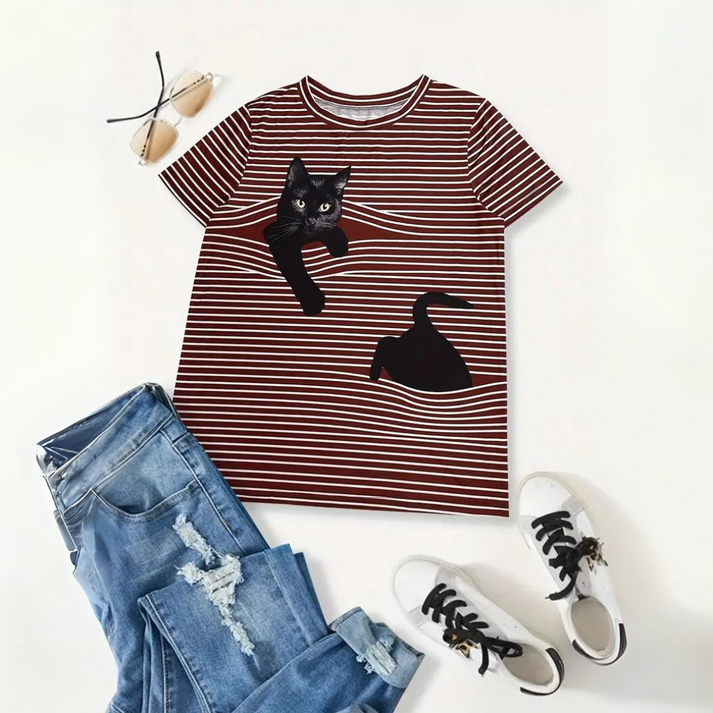 Henda | T-shirt Rayé avec Motif Chat pour un Style Tendance