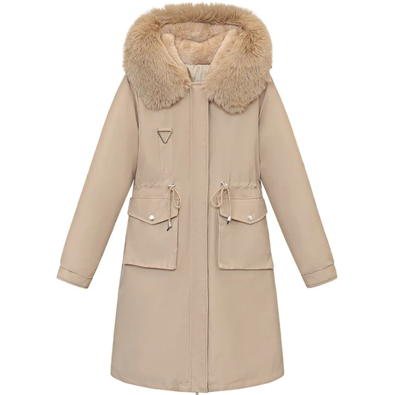 Yvonne | Manteau Long Hiver Femme avec Capuche en Fourrure, Taille Réglable, Fermeture Éclair