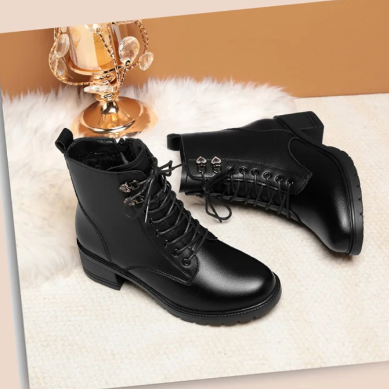 Héphesta | Bottines pour femme à lacets, fermeture éclair latérale, talon bloc, doublure en polaire - Noir