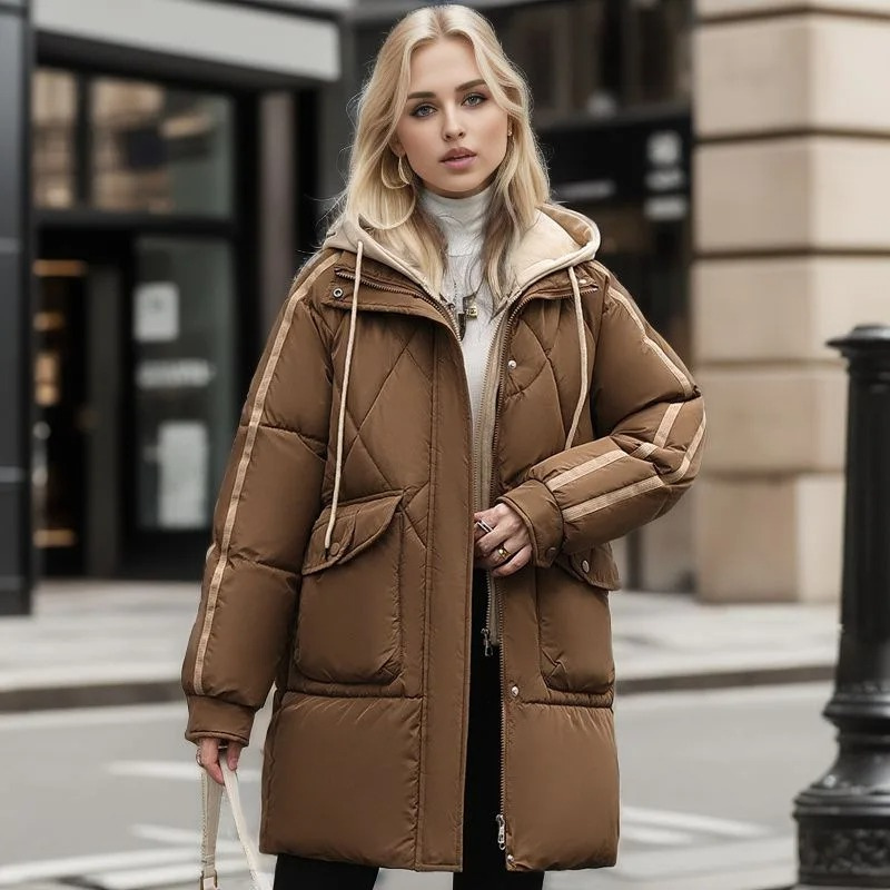 Norina | Manteau d’Hiver Femme Imperméable avec Capuche, Poches à Rabat et Fermeture Éclair