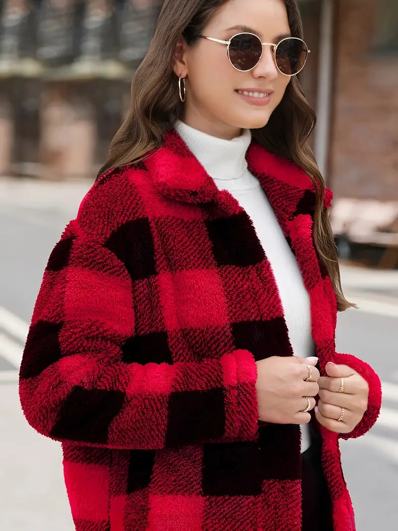 Rafaëlla | Manteau Plaid en Tissu Teddy Doux, Col Rabattu et Poches Pratiques