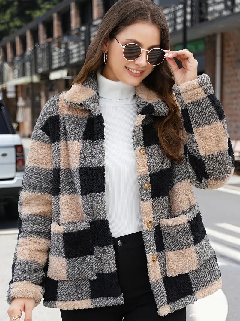 Rafaëlla | Manteau Plaid en Tissu Teddy Doux, Col Rabattu et Poches Pratiques